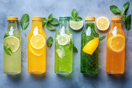 Refreshing homemade citrus and mint soft drinks in glass bottles on a blue backgroundの素材