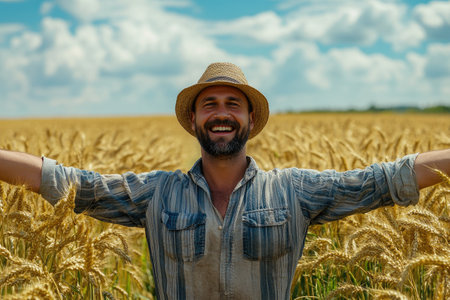 Farmer with straw hat enjoying and celebrating a successful harvest in a golden wheat fieldの素材