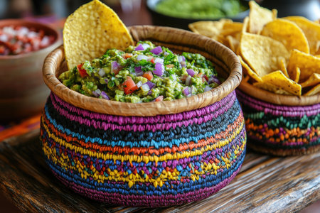 Fresh guacamole with tortilla chips, served in a vibrant woven basket, embodies the spirit of Mexican cuisineの素材