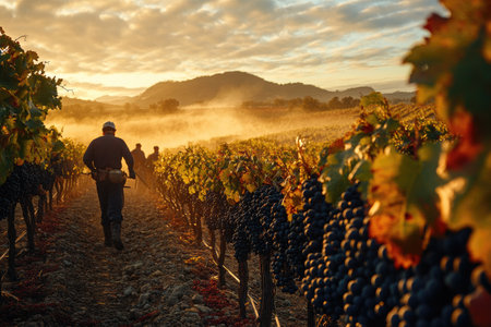 Farmers walking in vineyard during golden hour at sunset or sunriseの素材