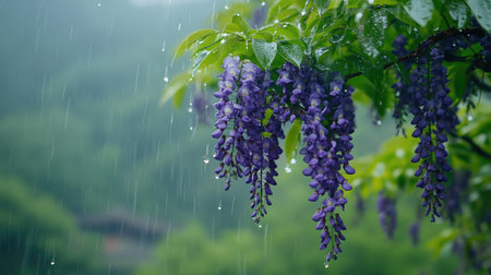 Wisteria flowers dripping with raindrops during a refreshing rain shower, creating a serene and beautiful natural sceneの素材