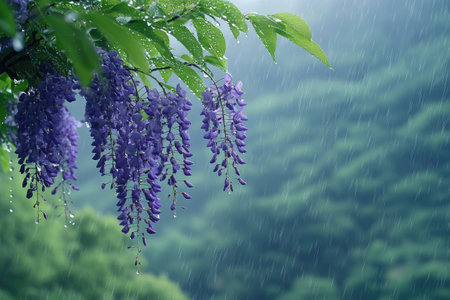 Hanging wisteria flowers getting wet under the rain with a green blurred backgroundの素材