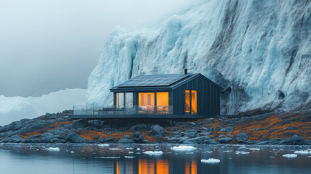 Illuminated cabin with solar panels provides sustainable shelter near a glacier, showcasing off-grid living in harmony with natureの素材