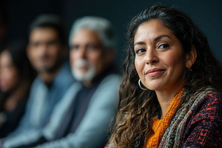Portrait of a smiling businesswoman attending a business meeting with colleagues in the backgroundの素材