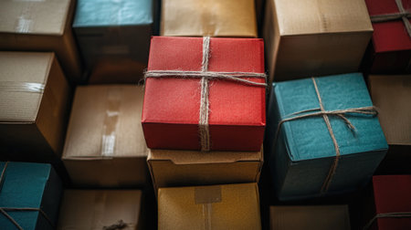 Many colorful gift boxes wrapped with twine are stacked together, creating a festive and celebratory atmosphereの素材