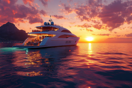 Modern yacht sailing on calm sea at sunset, offering a luxurious and relaxing experienceの素材