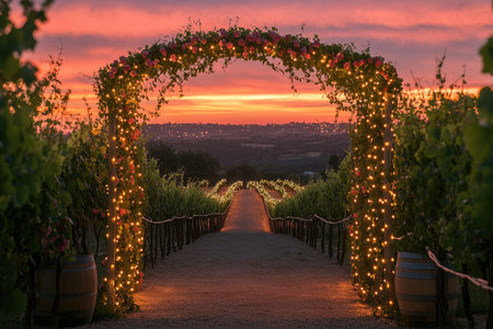 Archway adorned with string lights creates a magical ambiance in a vineyard at sunset, with wine barrels and glasses adding a touch of eleganceの素材
