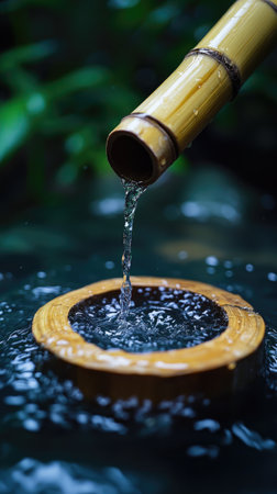 Traditional japanese tsukubai in a zen garden pouring fresh water in a bamboo bowlの素材