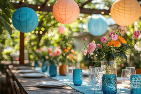 Wooden table is set for an outdoor summer party, decorated with colorful paper lanterns, flowers, blue tablecloth, plates, glasses, and string lightsの素材