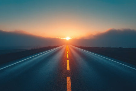 Straight asphalt road leading to beautiful rising sun, with fog covering fields at dawnの素材
