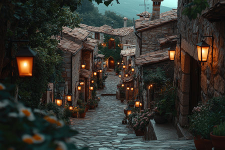 Lanterns illuminating a charming cobblestone street lined with stone houses in a cozy village at dusk, creating a magical atmosphereの素材
