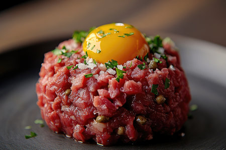 Gourmet steak tartare seasoned with salt and parsley is topped with a raw egg yolkの素材