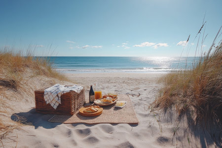 Romantic picnic setup on a beautiful beach with basket, blanket, and delicious food, offering breathtaking ocean viewsの素材