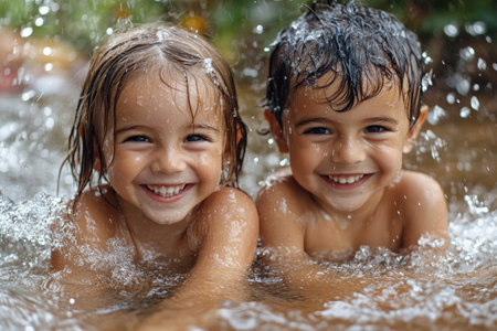 Two happy children smiling and playing in water, enjoying summer vacationの素材