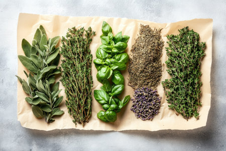 Variety of fresh and dried herbs displayed on brown paper, ready for culinary useの素材
