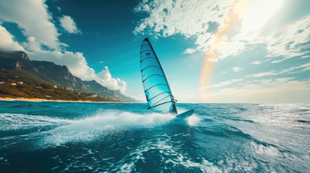 Windsurfer enjoying the waves under a beautiful rainbow with a coastal city in the backgroundの素材