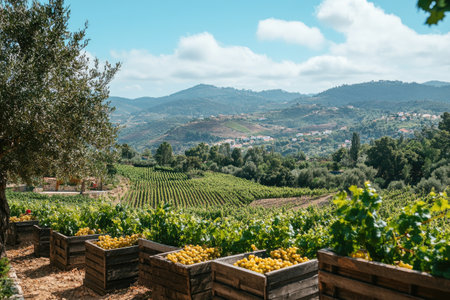 Crates overflowing with freshly harvested white grapes sit at the edge of a vineyard overlooking the Douro Valley in Portugal, a renowned wine regionの素材