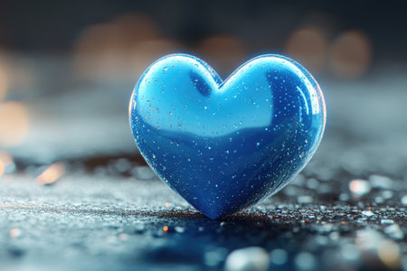Shiny blue heart with water droplets evokes feelings of love, romance, and enduring affectionの素材