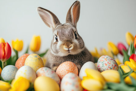 Lovely easter bunny sitting near colorful easter eggs and yellow tulips on a light gray backgroundの素材