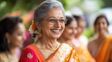 Group of elegant Indian women wearing traditional sari clothing smiling and enjoying a festive celebrationの素材