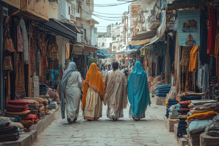 Local women wearing colorful traditional clothes are walking down a narrow street in the blue city of Jodhpur, Rajasthan, Indiaの素材