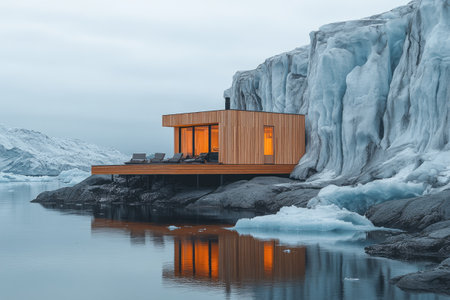 Cozy wooden cabin nestled on rocky shore, illuminated by warm light, serene glacial waters reflecting tranquility amidst arctic landscapeの素材
