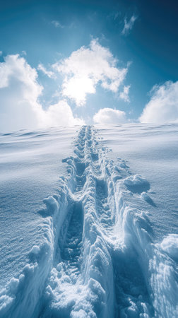 Tracks cut through untouched snow beneath a bright blue skyの素材