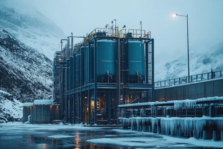 Industrial tanks and pipes covered with snow and icicles in a mountain environment during winterの素材