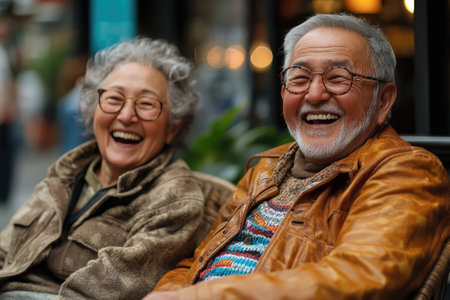 Elderly couple enjoying a moment of laughter and togetherness at an outdoor cafeの素材