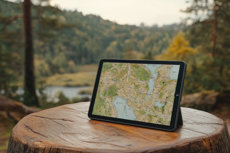 Tablet displaying a map rests on a wooden surface, with a blurred natural background featuring trees and a body of waterの素材