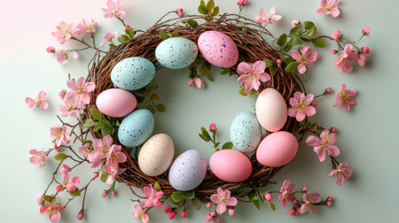 Beautiful easter wreath made of pastel colored eggs and flowers hanging on a light blue wall with copy spaceの素材