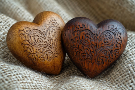 Two wooden carved hearts laying on burlap evoke feelings of love, romance, and rustic charmの素材