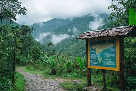 Stone path leading into a vibrant green forest with mountains in the background and a map displayed on a wooden signの素材