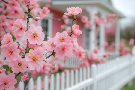Pink flowers blooming on a cherry tree branch in front of a pink country house with a white picket fence in the countrysideの素材