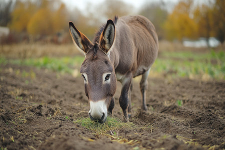 Portrait of a donkey standing in the grass of a field, looking forwardの素材