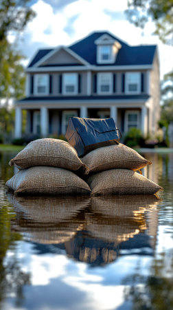 Sandbags stacked to prevent flood damage to a suburban houseの素材