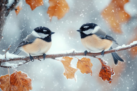 Two black-capped chickadees are perching on a frost covered branch with frosted leaves in winterの素材
