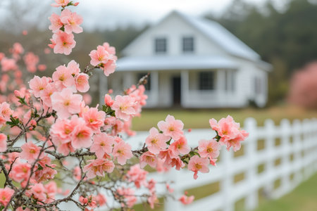 Pink blossoms frame a picturesque white farmhouse, creating a serene springtime sceneの素材