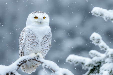 Beautiful snowy owl perching on a snow-covered branch while snowflakes are gently falling in a winter forestの素材