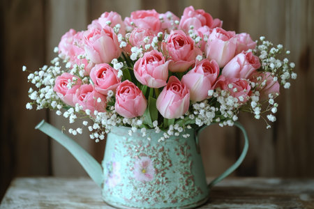 Beautiful bouquet of pink roses and tulips arranged in a vintage watering can, creating a charming rustic centerpieceの素材