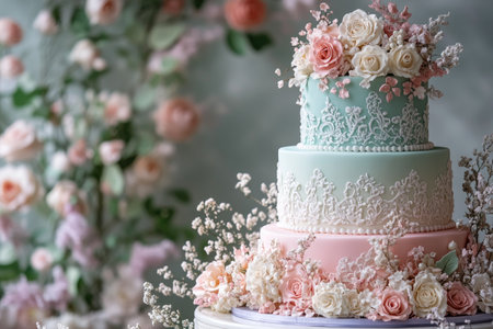 Three-tiered wedding cake featuring pastel colors, floral decorations, and intricate icing lace, creating an elegant centerpieceの素材