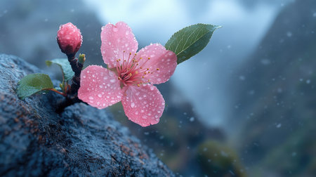 Pink flower with rain drops growing on a rock in front of a misty mountain landscapeの素材