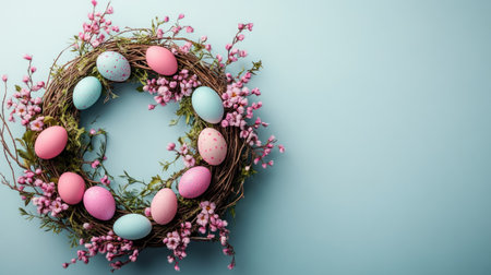 Beautiful easter wreath made of twigs and decorated with colorful eggs and spring flowers on a blue backgroundの素材