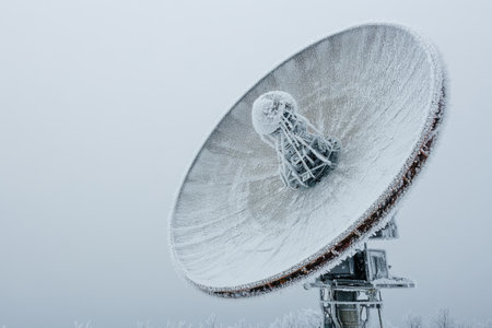 Frozen satellite dish collecting data during a blizzard in winterの素材