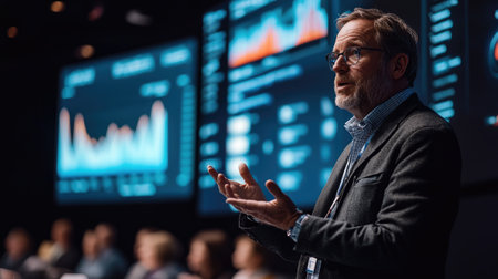 Senior executive presenting company strategy and financial results using interactive digital whiteboard and large data screenの素材