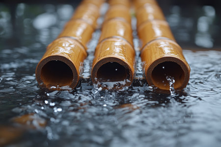 Water gently flows from bamboo pipes, creating a peaceful and relaxing ambiance in a Japanese gardenの素材