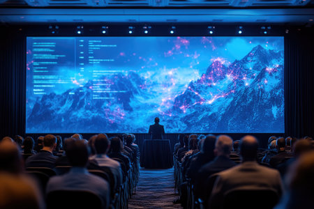 Businessman giving presentation about cryptocurrency and blockchain technology on large screen to audience at corporate conferenceの素材