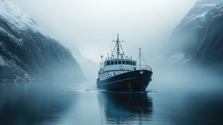 Fishing boat is sailing on a misty fjord in Norway, surrounded by snowy mountains in a cold, winter atmosphereの素材