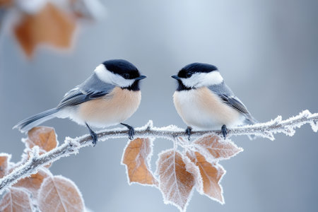 Two black-capped chickadees are perching on a frost covered branch with frosted leaves in winterの素材