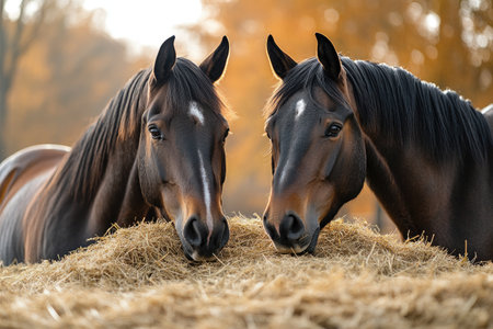 Two brown horses with white stripes on their faces are eating hay in a field with autumnal trees in the backgroundの素材